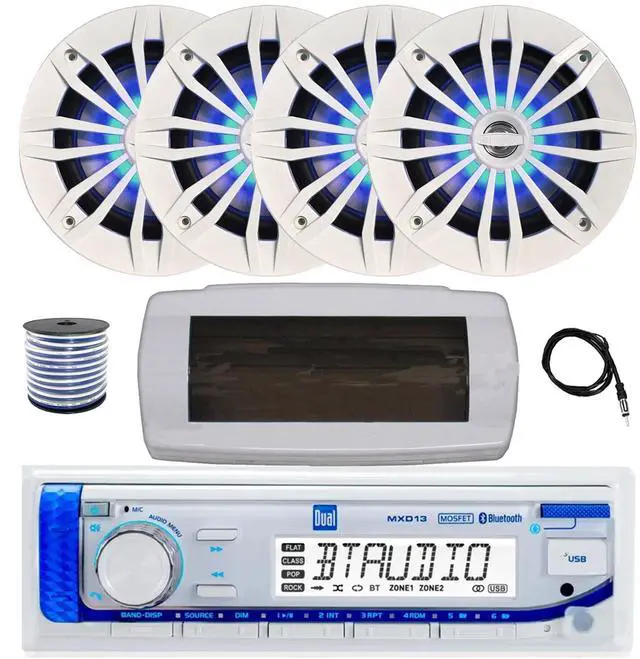 Main image of Dual MXD13 Single DIN Bluetooth Marine MP3 AM/FM Stereo Receiver with White Cover, 22" Radio Antenna, Wire, 4x 6.5" 180 Watt Peak 2-Way Blue Flashing LED Boat Audio Speakers (White)