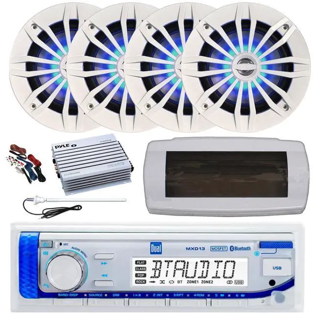 Main image of Dual MXD13 Single DIN Bluetooth Marine MP3 AM/FM Stereo Receiver with White Cover, Long Range Antenna, Amplifier w/Kit, 4x 6.5" 180 Watt Peak 2-Way Blue Flashing LED Boat Audio Speakers (White)