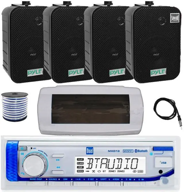 Main image of Dual MXD13 Single DIN Bluetooth Marine MP3 AM/FM Stereo Receiver with White Cover, 22" Radio Antenna, Wire, 4x 5.25" 400W Max Indoor/Outdoor Waterproof Audio Speakers (Black)