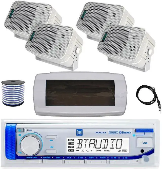 Main image of Dual MXD13 Single DIN Bluetooth Marine MP3 AM/FM Stereo Receiver with White Cover, 22" Radio Antenna, Wire, 4x 5.25" 400W Max Indoor/Outdoor Waterproof Audio Speakers (White)