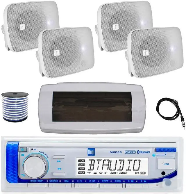 Main image of Dual MXD13 Single DIN Bluetooth Marine MP3 AM/FM Stereo Receiver with White Cover, 22" Radio Antenna, Wire, 4x 5.25" 600 Watt Max Power Bluetooth Indoor/Outdoor Waterproof Audio Speakers (White)