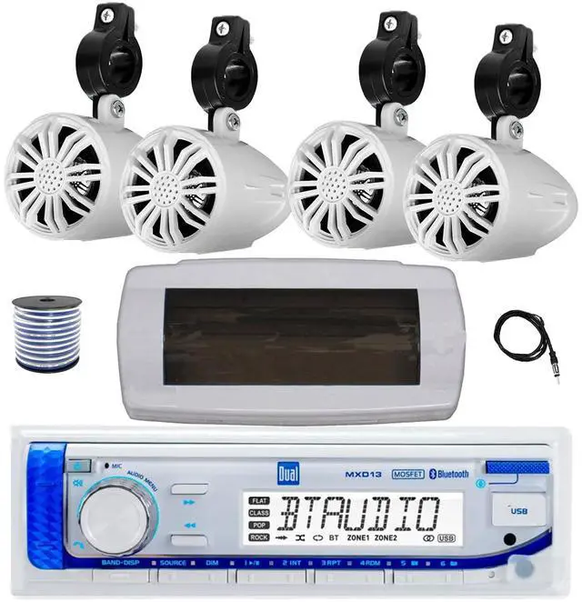 Main image of Dual MXD13 Single DIN Bluetooth Marine MP3 AM/FM Stereo Receiver with White Cover, 22" Radio Antenna, Wire, 4x 2.25" 10W Max Full Range Waterproof Off-Road Audio Speakers (White)