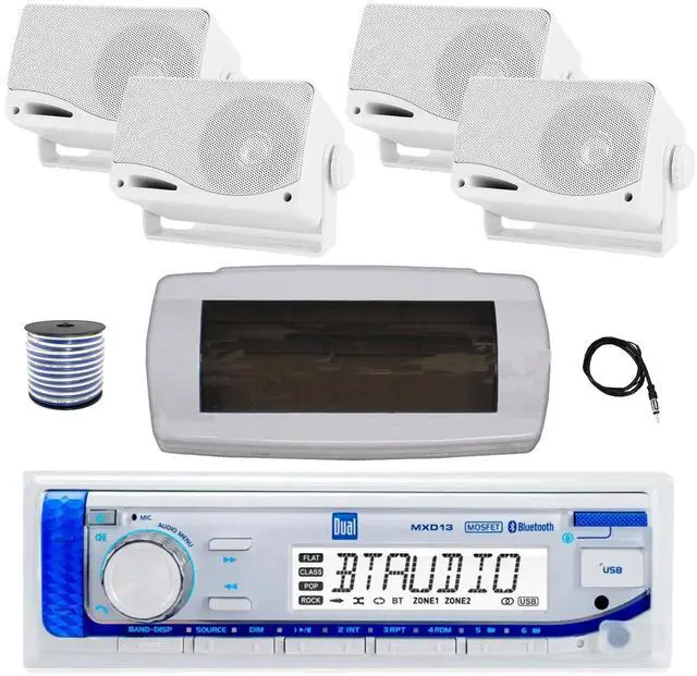 Main image of Dual MXD13 Single DIN Bluetooth Marine MP3 AM/FM Stereo Receiver with White Cover, 22" Radio Antenna, Wire, 4x 3.5'' 200 Watt Max 3-Way Indoor/Outdoor Wall Mount Speaker (White)