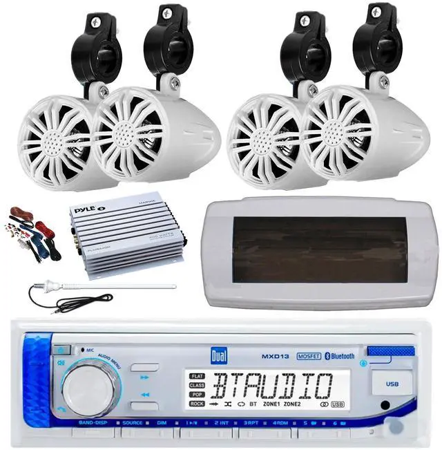 Main image of Dual MXD13 Single DIN Bluetooth Marine MP3 AM/FM Stereo Receiver with White Cover, Long Range Antenna, Amplifier w/Kit, 4x 2.25" 10W Max Full Range Waterproof Off-Road Audio Speakers (White)