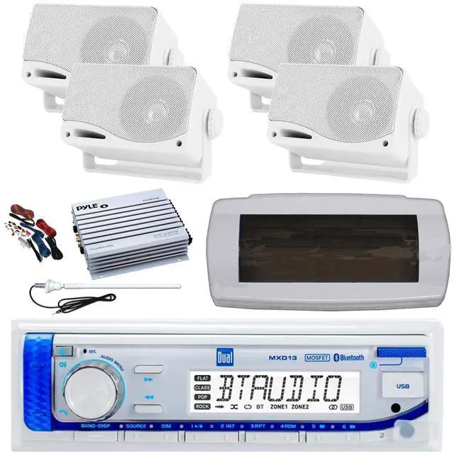 Main image of Dual MXD13 Single DIN Bluetooth Marine MP3 AM/FM Stereo Receiver with White Cover, Long Range Antenna, Amplifier w/Kit, 4x 3.5'' 200 Watt Max 3-Way Indoor/Outdoor Wall Mount Speaker (White)