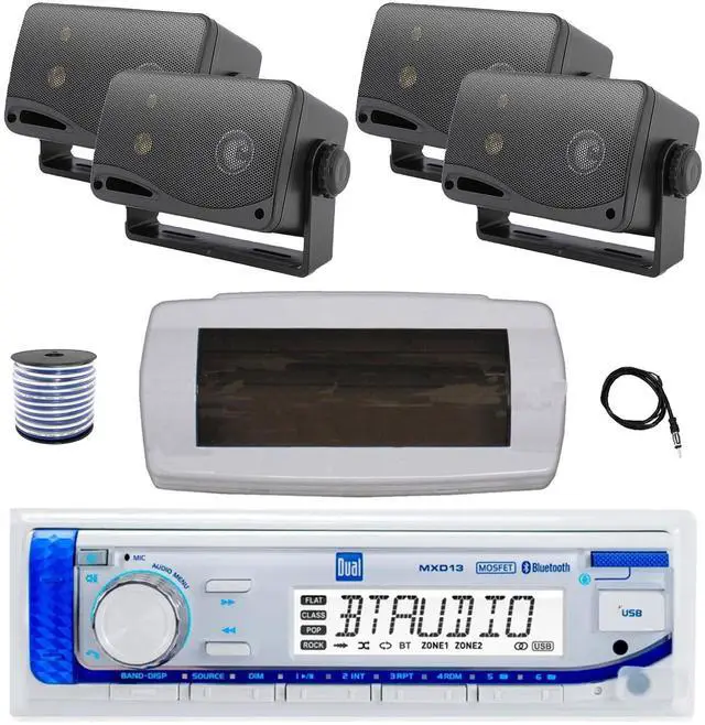 Main image of Dual MXD13 Single DIN Bluetooth Marine MP3 AM/FM Stereo Receiver with White Cover, 22" Radio Antenna, Wire, 4x 3.5'' 200 Watt Max 3-Way Indoor/Outdoor Wall Mount Speaker (Black)