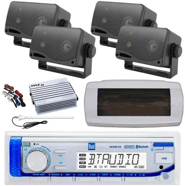 Main image of Dual MXD13 Single DIN Bluetooth Marine MP3 AM/FM Stereo Receiver with White Cover, Long Range Antenna, Amplifier w/Kit, 4x 3.5'' 200 Watt Max 3-Way Indoor/Outdoor Wall Mount Speaker (Black)