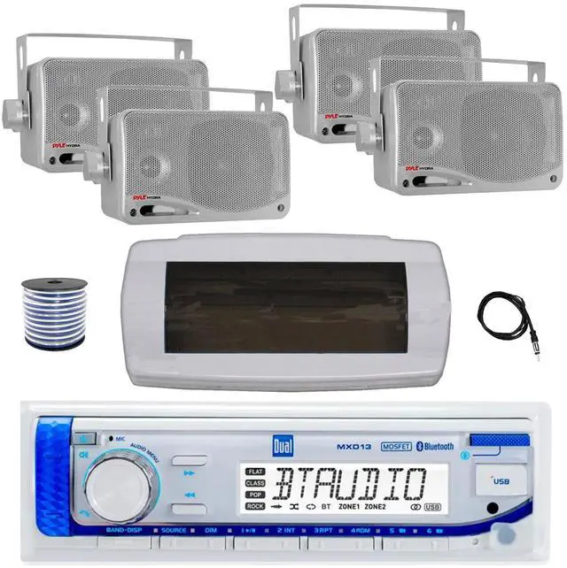 Main image of Dual MXD13 Single DIN Bluetooth Marine MP3 AM/FM Stereo Receiver with White Cover, 22" Radio Antenna, Wire, 4x 3.5'' 200 Watt Max 3-Way Indoor/Outdoor Wall Mount Speaker (Silver)