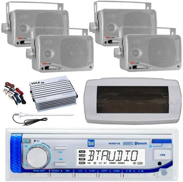 Main image of Dual MXD13 Single DIN Bluetooth Marine MP3 AM/FM Stereo Receiver with White Cover, Long Range Antenna, Amplifier w/Kit, 4x 3.5'' 200 Watt Max 3-Way Indoor/Outdoor Wall Mount Speaker (Silver)