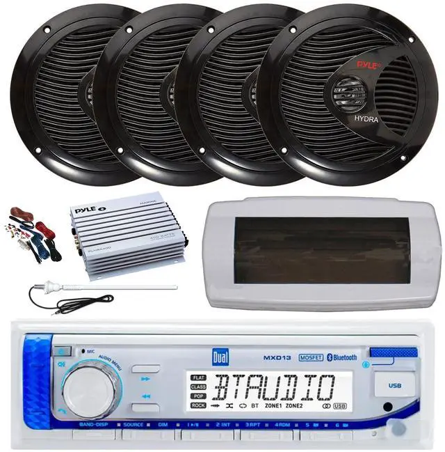 Main image of Dual MXD13 Single DIN Bluetooth Marine MP3 AM/FM Stereo Receiver with White Cover, Long Range Antenna, Amplifier w/Kit, 4x 6.5" 150 Watt Max Full Range Dual Cone Waterproof Stereo Speakers (Black)