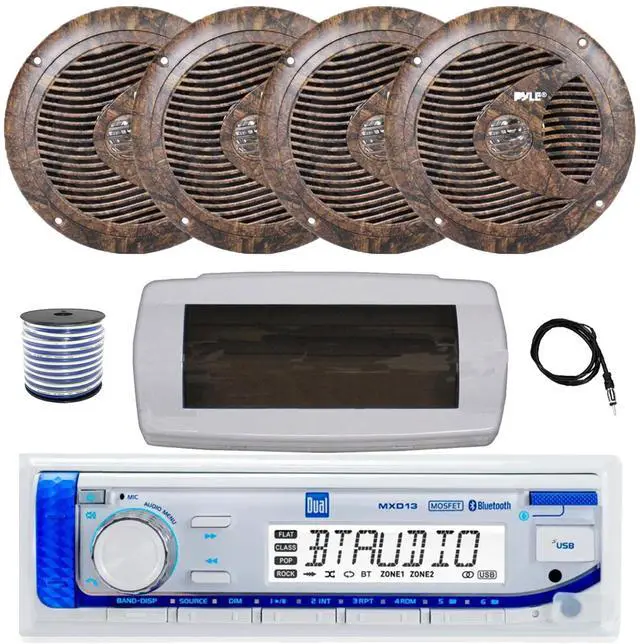 Main image of Dual MXD13 Single DIN Bluetooth Marine MP3 AM/FM Stereo Receiver with White Cover, 22" Radio Antenna, Wire, 4x 6.5" 150 Watt Max Full Range Dual Cone Waterproof Stereo Speakers (Camo)