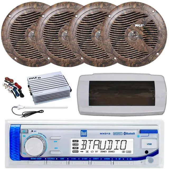 Main image of Dual MXD13 Single DIN Bluetooth Marine MP3 AM/FM Stereo Receiver with White Cover, Long Range Antenna, Amplifier w/Kit, 4x 6.5" 150 Watt Max Full Range Dual Cone Waterproof Stereo Speakers (Camo)