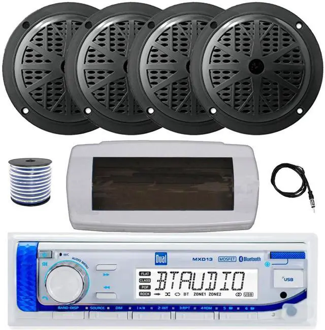 Main image of Dual MXD13 Single DIN Bluetooth Marine MP3 AM/FM Stereo Receiver with White Cover, 22" Radio Antenna, Wire, 4x 6.5" 120 Watt Max Full Range Dual Cone Waterproof Stereo Speakers (Black)