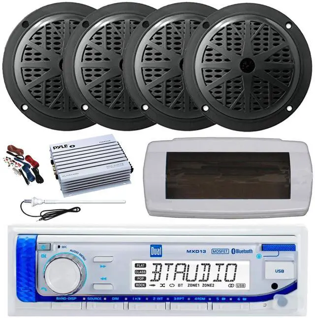 Main image of Dual MXD13 Single DIN Bluetooth Marine MP3 AM/FM Stereo Receiver with White Cover, Long Range Antenna, Amplifier w/Kit, 4x 6.5" 120 Watt Max Full Range Dual Cone Waterproof Stereo Speakers (Black)