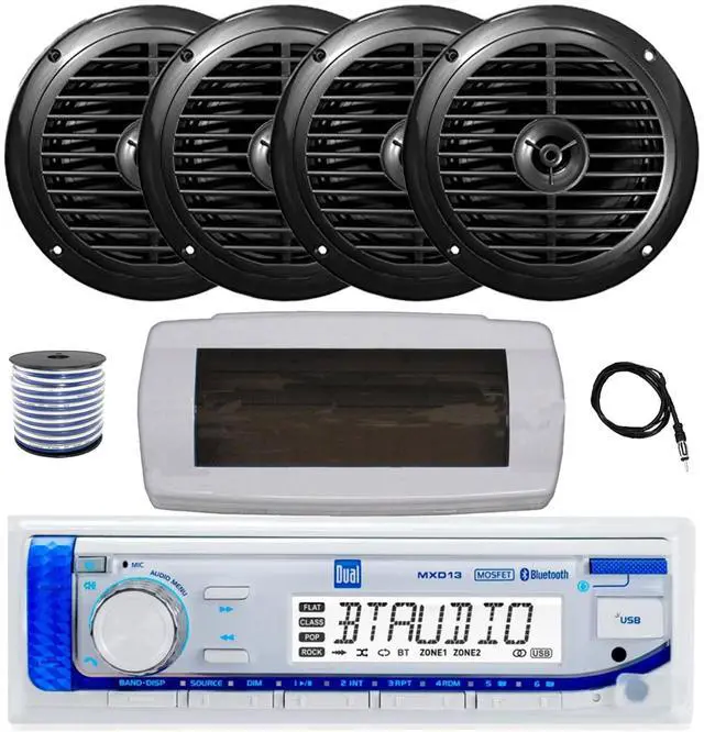 Main image of Dual MXD13 Single DIN Bluetooth Marine MP3 AM/FM Stereo Receiver with White Cover, 22" Radio Antenna, Wire, 4x 6.5" 120 Watt Peak Full Range Dual Cone Waterproof Stereo Speakers (Black)