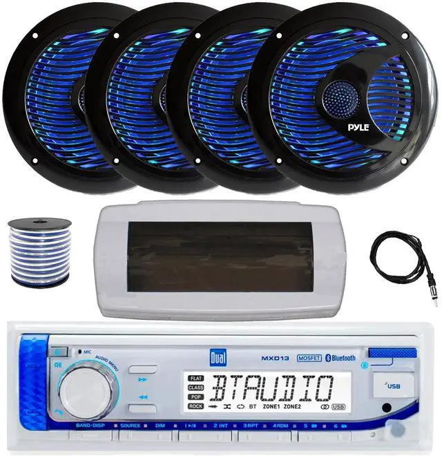 Main image of Dual MXD13 Single DIN Bluetooth Marine MP3 AM/FM Stereo Receiver with White Cover, 22" Radio Antenna, Wire, 4x 6.5'' 150 Watt Max Dual Cone Multicolor LED Audio Speakers (Black) w/Remote