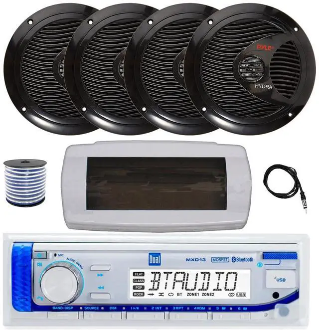 Main image of Dual MXD13 Single DIN Bluetooth Marine MP3 AM/FM Stereo Receiver with White Cover, 22" Radio Antenna, Wire, 4x 8'' 180 Watt Max Full Range Dual Cone Waterproof Stereo Speakers (Black)