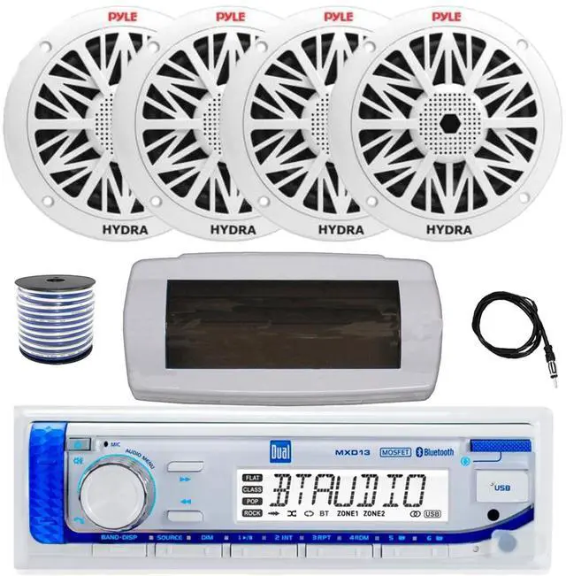 Main image of Dual MXD13 Single DIN Bluetooth Marine MP3 AM/FM Stereo Receiver with White Cover, 22" Radio Antenna, Wire, 4x 8'' 300W Max Full Range Dual Cone Waterproof Stereo Speakers (White)