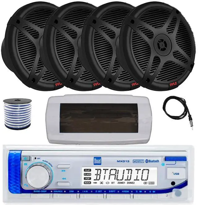 Main image of Dual MXD13 Single DIN Bluetooth Marine MP3 AM/FM Stereo Receiver with White Cover, 22" Radio Antenna, Wire, 4x 6.5" 600 Watt Max 2-Way Full Range Waterproof Wireless RF Streaming Speakers (Black)