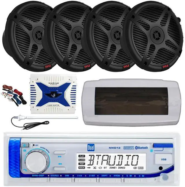Main image of Dual MXD13 Single DIN Bluetooth Marine MP3 AM/FM Stereo Receiver, White Cover, Long Range Antenna, Amplifier w/Kit, 4x 6.5" 600 Watt Max 2-Way Waterproof Wireless RF Streaming Speakers (Black)