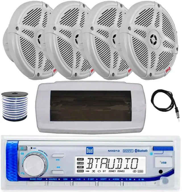 Main image of Dual MXD13 Single DIN Bluetooth Marine MP3 AM/FM Stereo Receiver with White Cover, 22" Radio Antenna, Wire, 4x 6.5" 600 Watt Max 2-Way Full Range Waterproof Wireless RF Streaming Speakers (White)