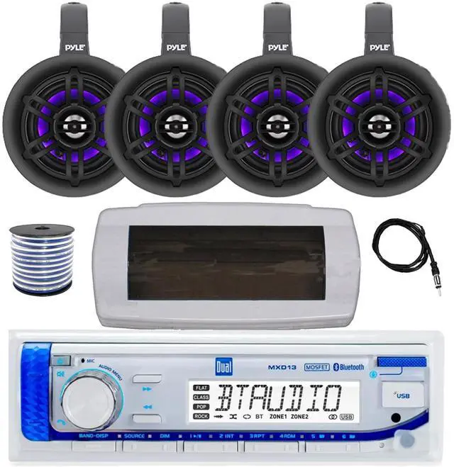 Main image of Dual MXD13 Single DIN Bluetooth Marine MP3 AM/FM Stereo Receiver with White Cover, 22" Radio Antenna, Wire, 4x 4" 300W Max Bluetooth Waterproof Wakeboard LED Tower Speakers (Black)
