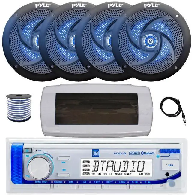 Main image of Dual MXD13 Single DIN Bluetooth Marine MP3 AM/FM Stereo Receiver with White Cover, 22" Radio Antenna, Wire, 4x 4" 100 Watt Peak 2-Way Blue Flashing LED Boat Audio Speakers (Black)