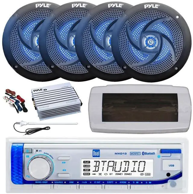Main image of Dual MXD13 Single DIN Bluetooth Marine MP3 AM/FM Stereo Receiver, White Cover, Long Range Antenna, Amplifier w/Kit, 4x 5.25" 180 Watt Max 2-Way Blue Flashing LED Boat Speakers (Black)