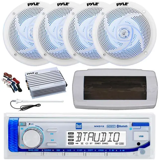 Main image of Dual MXD13 Single DIN Bluetooth Marine MP3 AM/FM Stereo Receiver, White Cover, Long Range Antenna, Amplifier w/Kit, 4x 5.25" 180 Watt Max 2-Way Blue Flashing LED Boat Speakers (White)