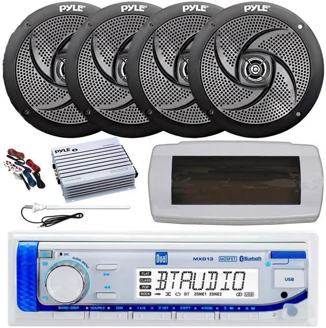 Main image of Dual MXD13 Single DIN Bluetooth Marine MP3 AM/FM Stereo Receiver, White Cover, Long Range Antenna, Amplifier w/Kit, 4x 5.25" 180 Watt Max 2-Way Waterproof Boat Audio Speakers (Black)