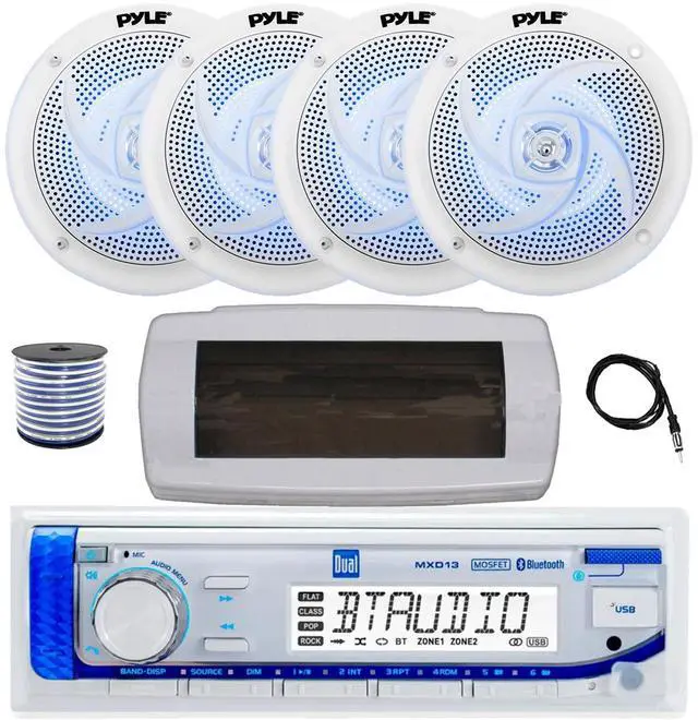 Main image of Dual MXD13 Single DIN Bluetooth Marine MP3 AM/FM Stereo Receiver with White Cover, 22" Radio Antenna, Wire, 4x 6'' 240 Watt Peak Power 2-Way Blue Flashing LED Audio Speakers (White)