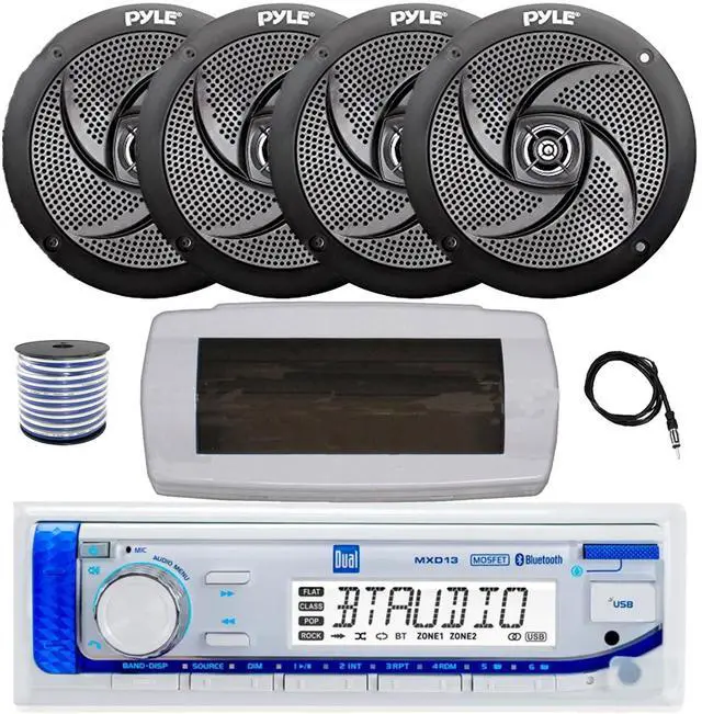 Main image of Dual MXD13 Single DIN Bluetooth Marine MP3 AM/FM Stereo Receiver with White Cover, 22" Radio Antenna, Wire, 4x 6'' 240 Watt Max 2-Way Boat Audio Speakers (Black)
