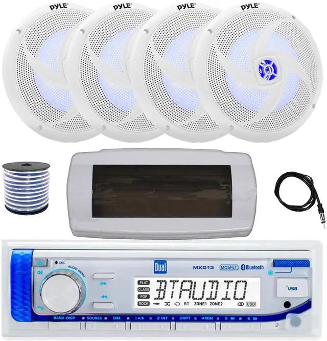 Main image of Dual MXD13 Single DIN Bluetooth Marine MP3 AM/FM Stereo Receiver with White Cover, 22" Radio Antenna, Wire, 4x 8'' 320 Watt Max 2-Way Blue Flashing LED Boat Audio Speakers (White)