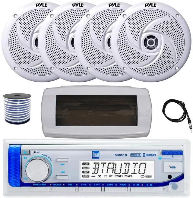 Main image of Dual MXD13 Single DIN Bluetooth Marine MP3 AM/FM Stereo Receiver with White Cover, 22" Radio Antenna, Wire, 4x 8'' 320 Watt Max 2-Way Boat Audio Speakers (White)