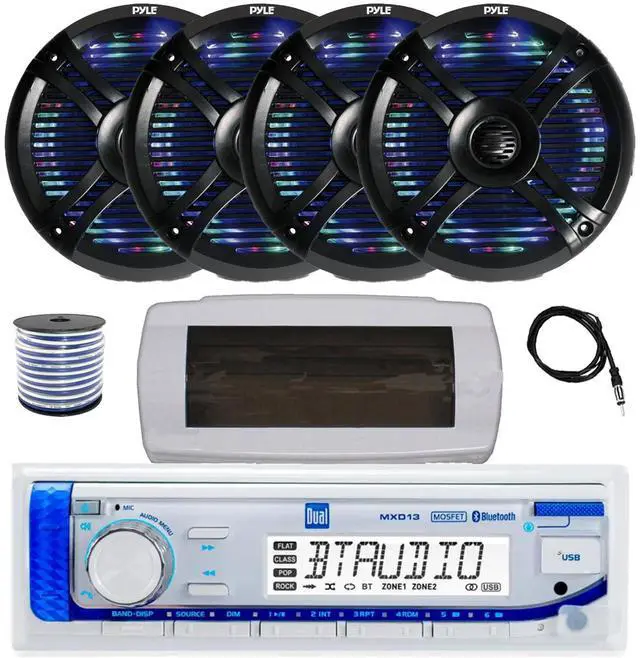 Main image of Dual MXD13 Single DIN Bluetooth Marine MP3 AM/FM Stereo Receiver with White Cover, 22" Radio Antenna, Wire, 4x 6.5" 250 Watt Max 2-Way Waterproof Multicolor LED Audio Speakers (Black)