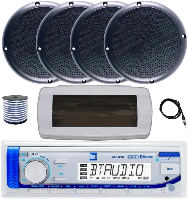 Main image of Dual MXD13 Single DIN Bluetooth Marine MP3 AM/FM Stereo Receiver with White Cover, 22" Radio Antenna, Wire, 4x 5.25" 20 Watt Max Polycone Audio Speakers (Black, Bulk Packaging)