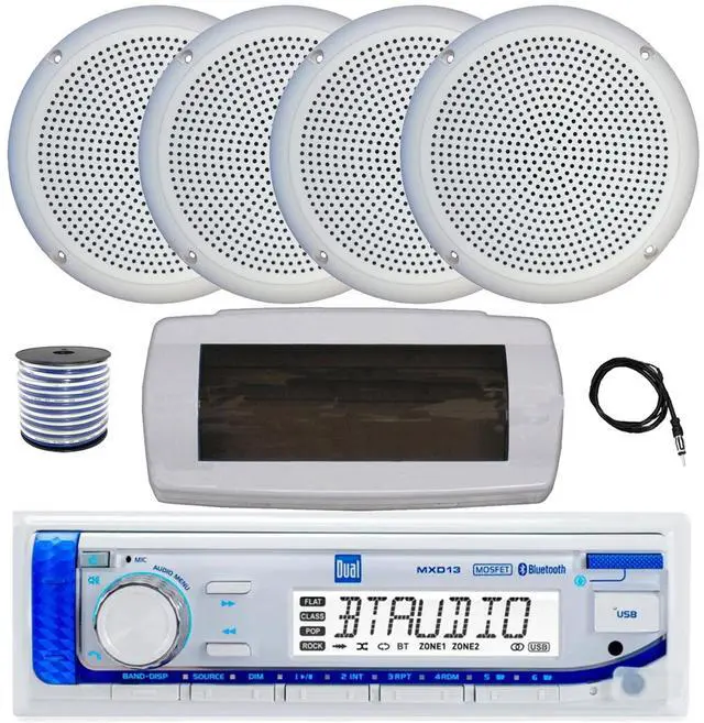 Main image of Dual MXD13 Single DIN Bluetooth Marine MP3 AM/FM Stereo Receiver with White Cover, 22" Radio Antenna, Wire, 4x 5.25" 20 Watt Max Polycone Audio Speakers (White, Bulk Packaging)
