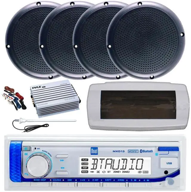 Main image of Dual MXD13 Single DIN Bluetooth Marine MP3 AM/FM Stereo Receiver with White Cover, Long Range Antenna, Amplifier w/Kit, 4x 5.25" 20 Watt Max Polycone Audio Speakers (Black, Bulk Packaging)