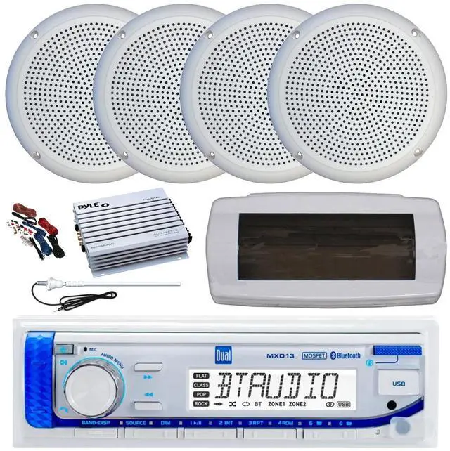 Main image of Dual MXD13 Single DIN Bluetooth Marine MP3 AM/FM Stereo Receiver with White Cover, Long Range Antenna, Amplifier w/Kit, 4x 5.25" 20 Watt Max Polycone Audio Speakers (White, Bulk Packaging)