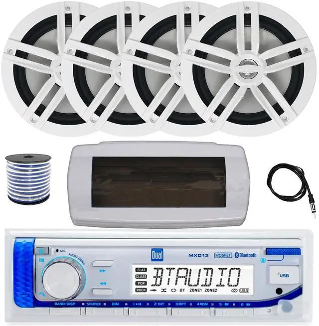 Main image of Dual MXD13 Single DIN Bluetooth Marine MP3 AM/FM Stereo Receiver with White Cover, 22" Radio Antenna, Wire, 4x 6.5" 180 Watt Peak Power 2-Way Boat Audio Speakers (White)