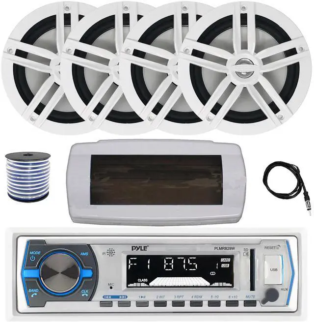 Main image of Pyle PLMRB29W Single DIN Bluetooth Marine MP3 AM/FM Stereo Receiver with White Cover, 22" Radio Antenna, Wire, 4x 6.5" 180 Watt Peak Power 2-Way Boat Audio Speakers (White)