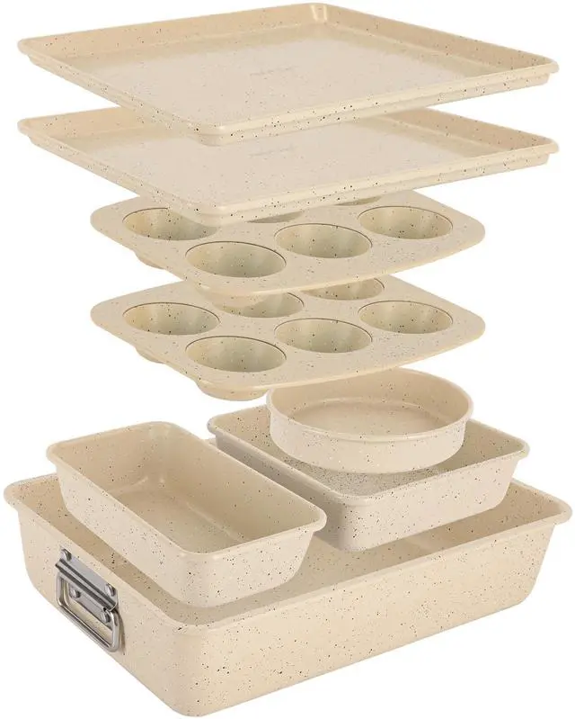 Main image of NutriChef 8-Piece Stackable Bakeware Set - Carbon Steel Non-Stick Baking Pan Set, Sheet, Muffin, Round, Loaf, Square Cake & Deep Pans, 450°F Heat Resistant, Standard & Convection Ovens (Marble Cream)