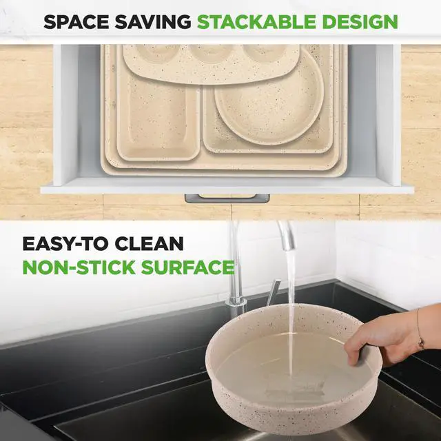 Alt view image 4 of 7 - NutriChef 8-Piece Stackable Bakeware Set - Carbon Steel Non-Stick Baking Pan Set, Sheet, Muffin, Round, Loaf, Square Cake & Deep Pans, 450°F Heat Resistant, Standard & Convection Ovens (Marble Cream)