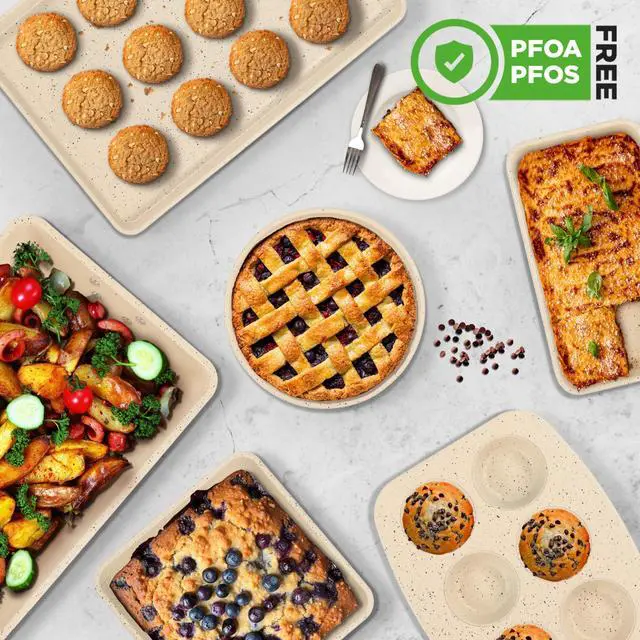 Alt view image 3 of 7 - NutriChef 8-Piece Stackable Bakeware Set - Carbon Steel Non-Stick Baking Pan Set, Sheet, Muffin, Round, Loaf, Square Cake & Deep Pans, 450°F Heat Resistant, Standard & Convection Ovens (Marble Cream)