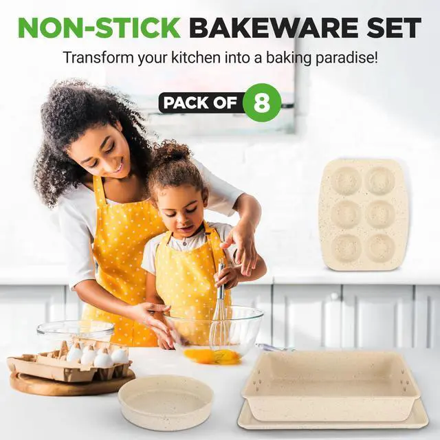 Alt view image 7 of 7 - NutriChef 8-Piece Stackable Bakeware Set - Carbon Steel Non-Stick Baking Pan Set, Sheet, Muffin, Round, Loaf, Square Cake & Deep Pans, 450°F Heat Resistant, Standard & Convection Ovens (Marble Cream)