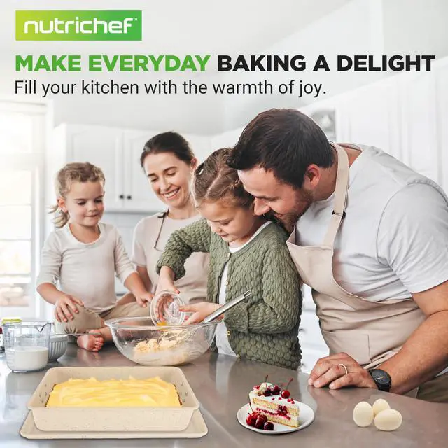 Alt view image 6 of 7 - NutriChef 8-Piece Stackable Bakeware Set - Carbon Steel Non-Stick Baking Pan Set, Sheet, Muffin, Round, Loaf, Square Cake & Deep Pans, 450°F Heat Resistant, Standard & Convection Ovens (Marble Cream)