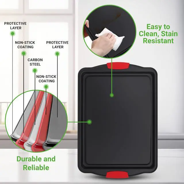 Alt view image 2 of 7 - NutriChef 3-Piece Large Nonstick Cookie Sheets for Baking | Premium Food-Grade Carbon Steel, Non-Stick Tray Set with Silicone Handles, Oven Safe up to 446°F | Easy to Clean, 17.2 x 11.8 x 0.7 Inch