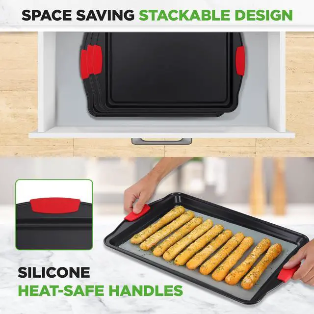 Alt view image 3 of 7 - NutriChef 3-Piece Large Nonstick Cookie Sheets for Baking | Premium Food-Grade Carbon Steel, Non-Stick Tray Set with Silicone Handles, Oven Safe up to 446°F | Easy to Clean, 17.2 x 11.8 x 0.7 Inch