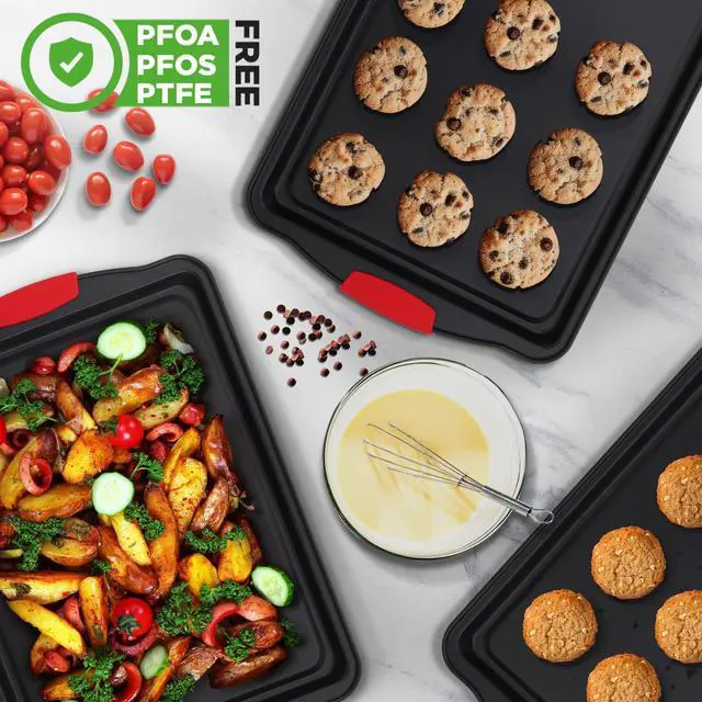 Alt view image 4 of 7 - NutriChef 3-Piece Large Nonstick Cookie Sheets for Baking | Premium Food-Grade Carbon Steel, Non-Stick Tray Set with Silicone Handles, Oven Safe up to 446°F | Easy to Clean, 17.2 x 11.8 x 0.7 Inch