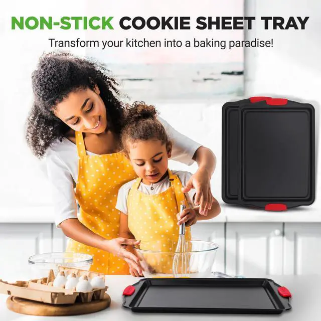 Alt view image 7 of 7 - NutriChef 3-Piece Large Nonstick Cookie Sheets for Baking | Premium Food-Grade Carbon Steel, Non-Stick Tray Set with Silicone Handles, Oven Safe up to 446°F | Easy to Clean, 17.2 x 11.8 x 0.7 Inch